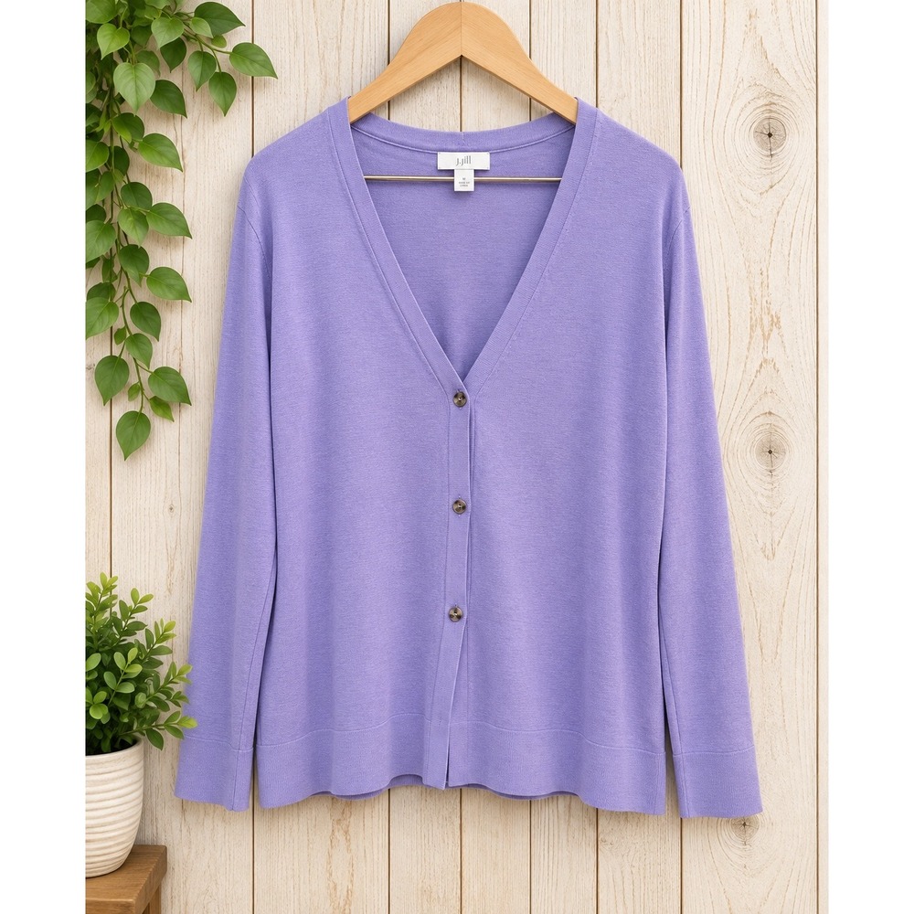 J. Jill Lavender Purple Organic Cotton Viscose V-Neck Cardigan Sweater Large